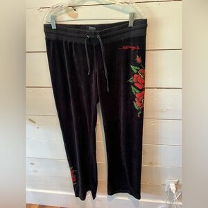 Ed Hardy Don Ed Hardy Black Velour Pants w/ Red Rose Embroidery, size XL, flare